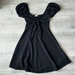 See You Monday Black Popcorn Textured Puff Sleeve Tie Front Mini Dress -Small